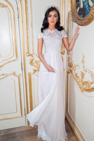 Fita by studio levana modest sprt sleev wedding dress with baeded lace top and flowy shiffon skit