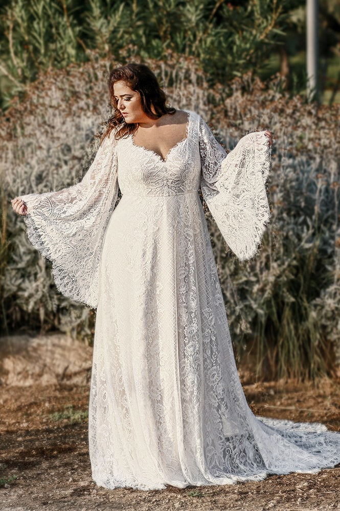 Grace by studio levana plus size all lace romantic wedding dress with bell lobg lace sleeves