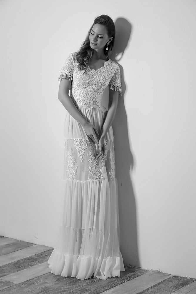 Keren by studio levana boho chic bridel gown with lace top and layerd skirt with mixed fabrics