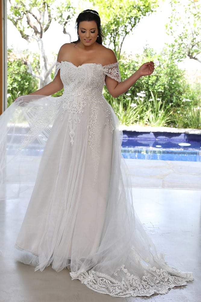 Kerrie by studio levana plus size princess ball gown with lace off soulder straps and a lace and tulle skirt