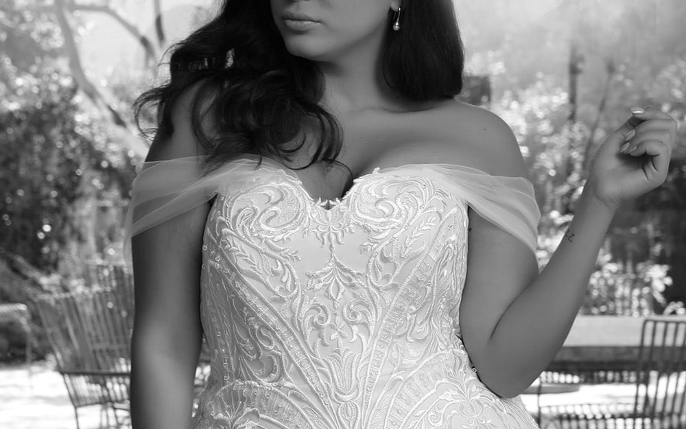 Kris by studio levana plus size all lace fitted corset wedding dress with tule off soulder straps