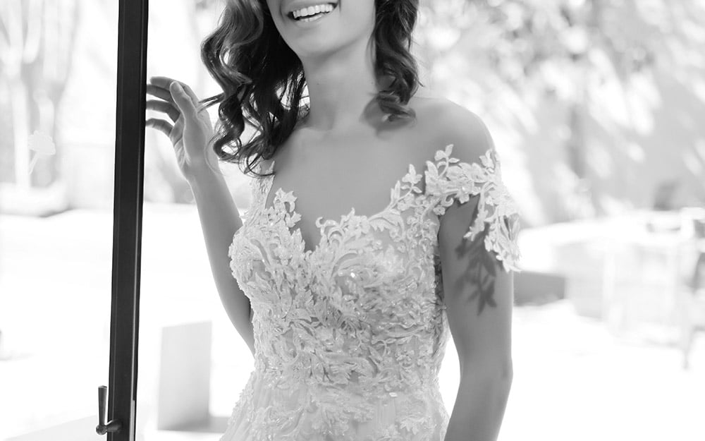 Layla by studio levana off shoulder baede lace wedding dress