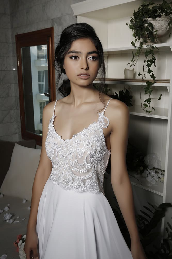 Lera by studio levana open back chic wedding dress with lace applique and baeds