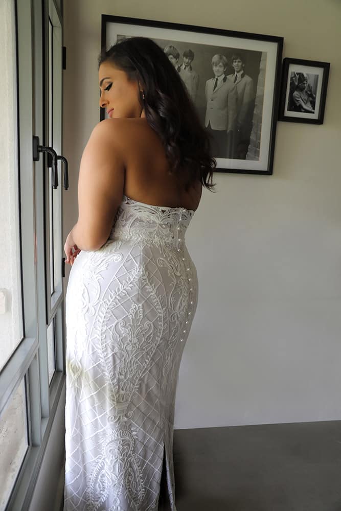 Madlene by studio levana plus size all lace strapless wedding dress with pearls and beads