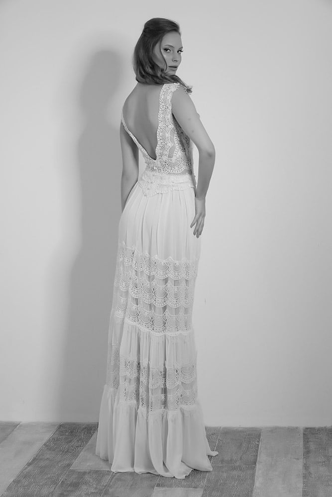 petra by studio levana boho chic layed lace skirt wedding dress with low back ang a gental lace look