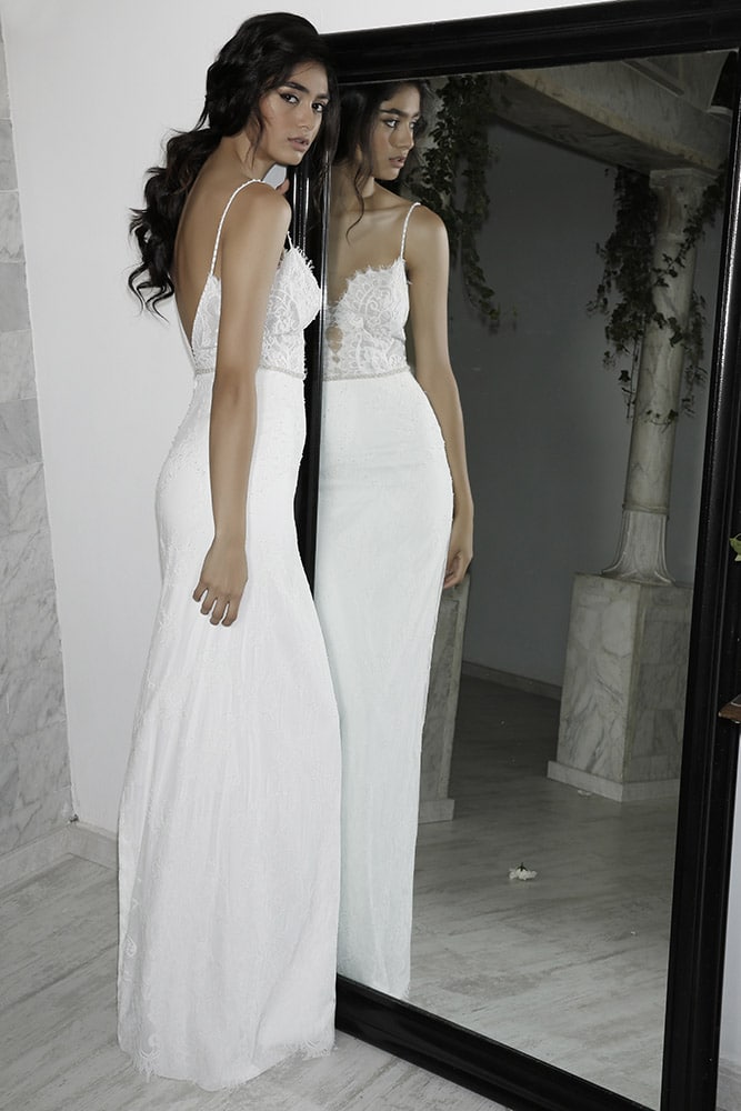 Rita by studio Levana fitted classic all lace wedding dress with baeded belt and open back