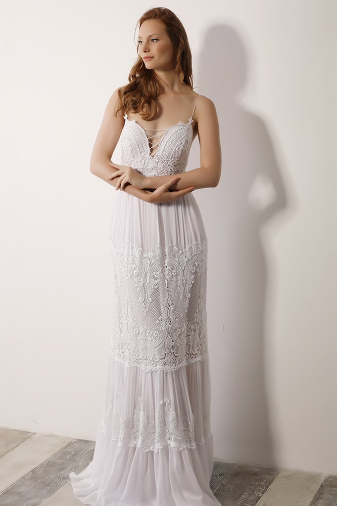 Sabina by studio levana boho chic bridel gown with open back romnatic lace layerd skirt