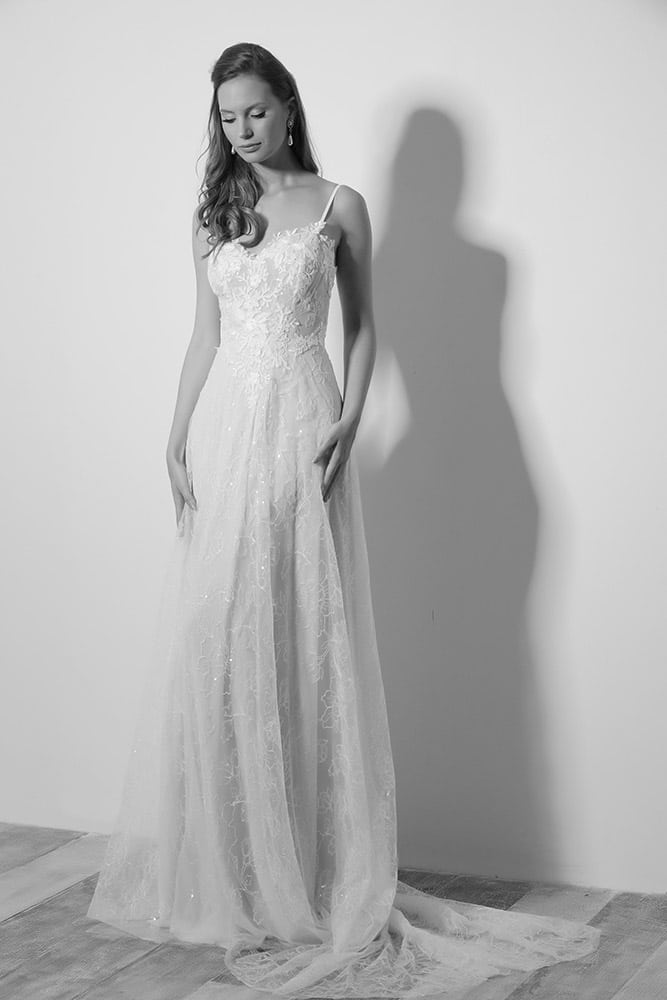 Shasha by studio levana all lace sparkly wedding dress with sloral appliqued top and a long train