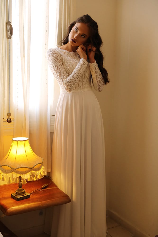 Shannon by studio levana modest long lace sleeves wedding dress with beads and peals lace top