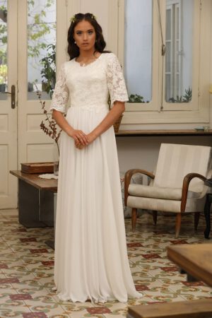 Shir by studio levana modest classic wedding dress with floral baeded top and shrot sleeves