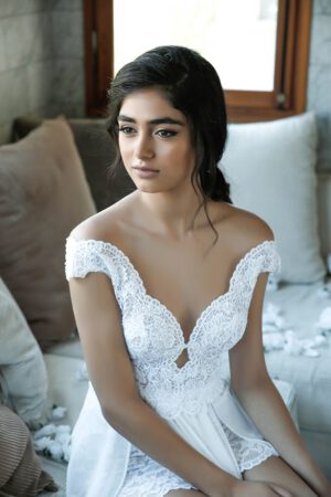 Shira by studio levana fashio fowored wedding dress with short lace skirt and a one layer shiffon skirt open nackine an illusion back