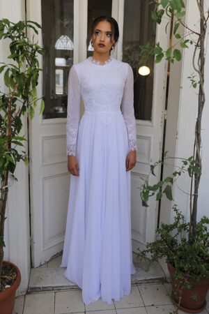 susanna by studio levana modest classic wedding dress with long lace sleeves