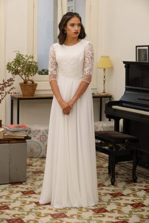 Tereza by studio levana modest wedding dress with pearls amd lace