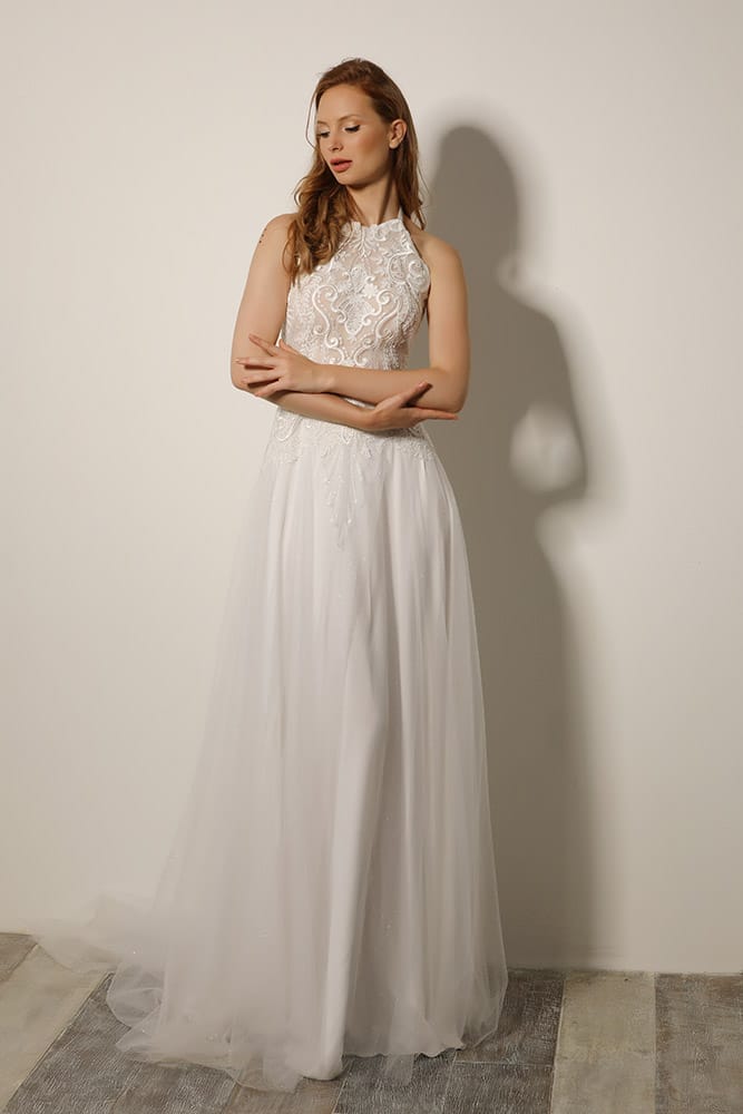 Vita by studio levana sculpted lace high colar and a tulle skirt