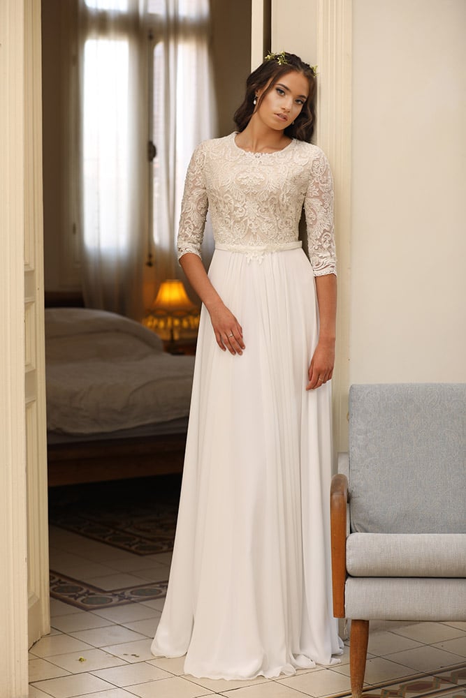 Zoia by syudio levana modest long lave seeves wedding dress with baeded lace top