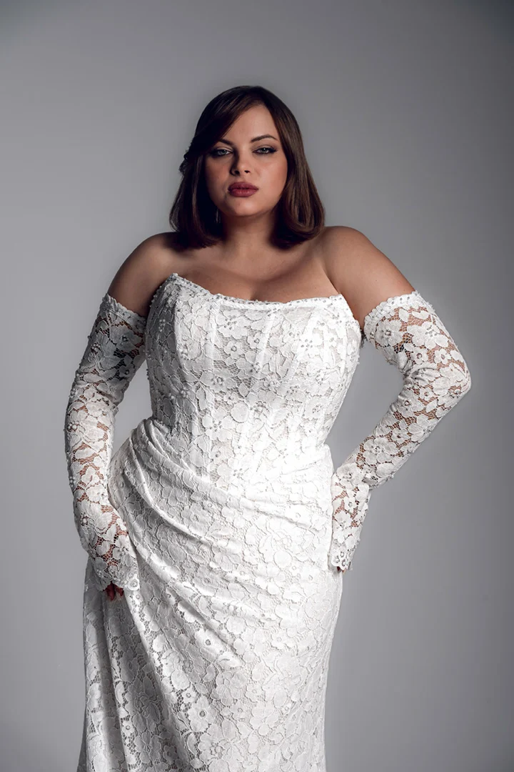 claire fitted corset plus size wedding dress, front view by studio levana