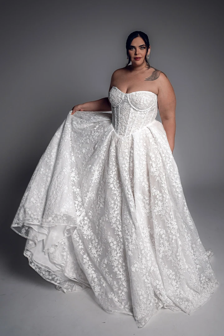 yvette a line corset wedding dress, front view by studio levana