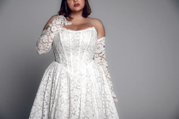 Claire A-line plus size wedding dress with lace off-the-shoulder sleeves, detail view